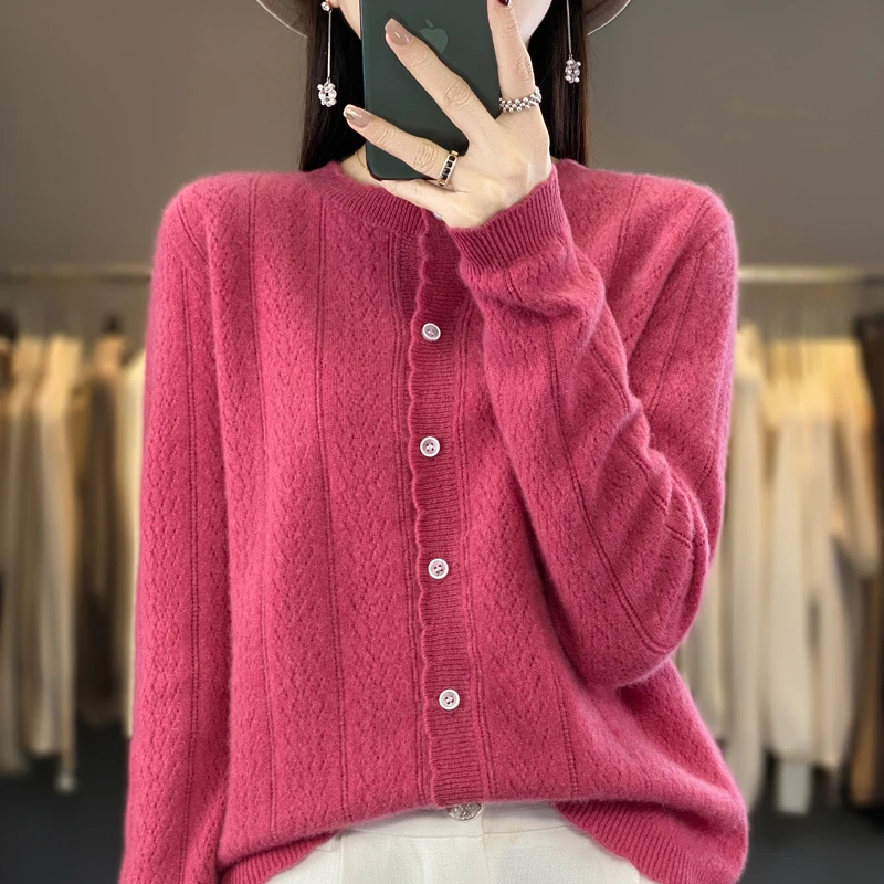 2024 Spring Autumn Winter New 100% Merino Wool Crewneck Sweater Cardigan Women\'s Fashion Jacquard Knit Cardigan Wave Edge Top