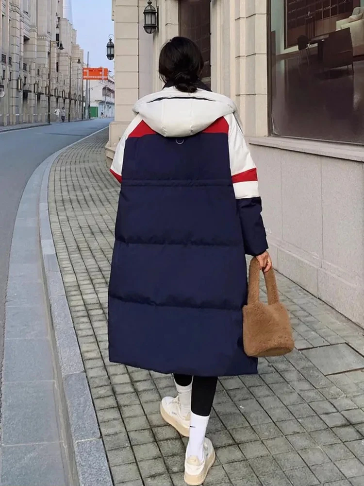 2023 New Women Over Knee White Duck Down Parka Thickened Loose Outerwear Long Contrast Color Patchwork Hooded Down Jacket