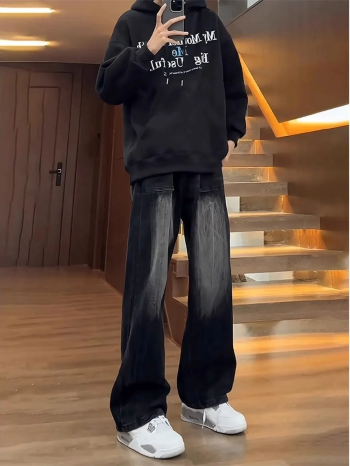 

Bla adient Straight Leg Men's Jeans Autumn Winter American Retro Sle Loose Wide Leg Pants Casual Youth Faion