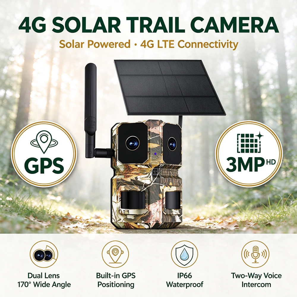 3MP+3MP Dual Lens 4G Camouflage Solar Hunting Trail Camera 170° View 940nm No Glow IR PIR Motion Detection Built GPS U-Box