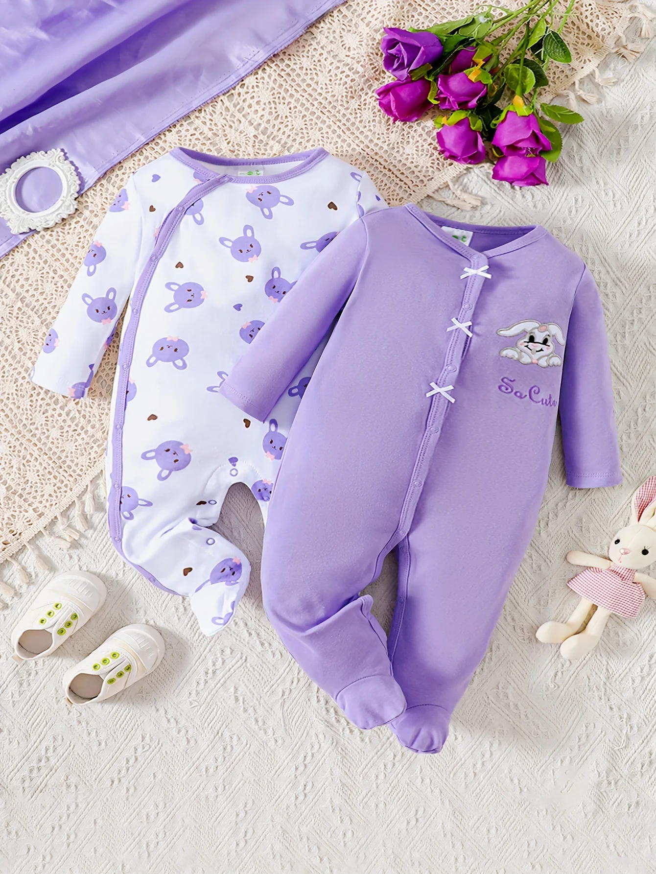 2PCS Spring Autumn Baby Cute Bunny Graphic Comfy Cotton Jumpsuits Set for Boys Girls Footed Onesies Toddler\'s Cute Pajamas Set