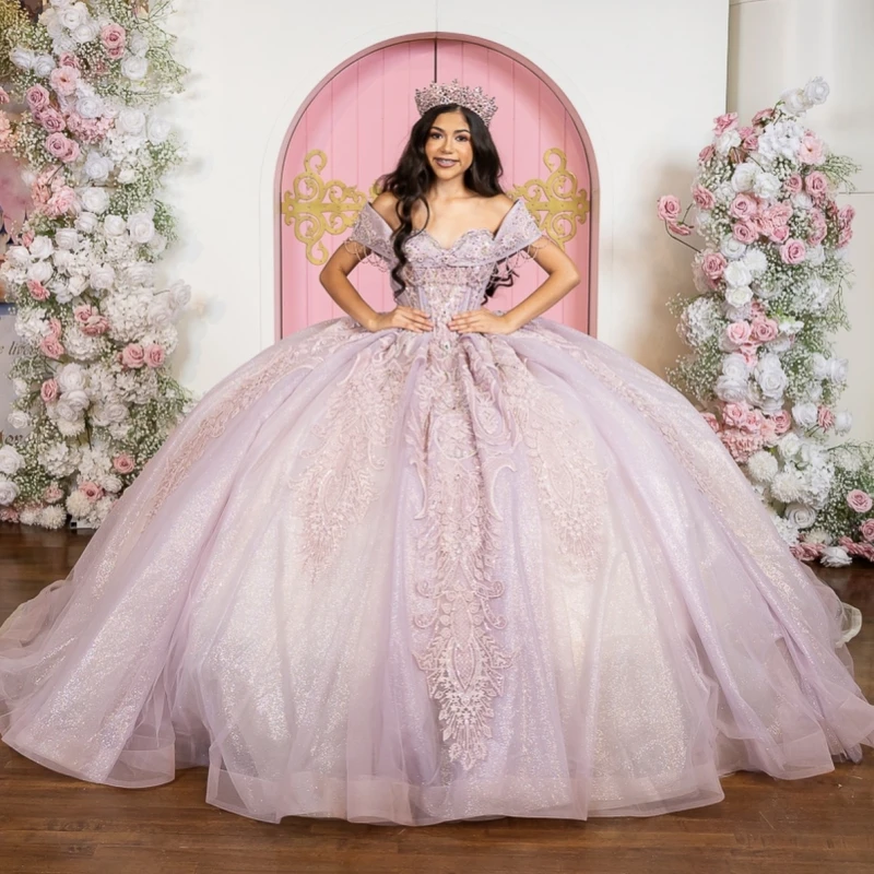 

Light Lilac Shiny Ball Gown Quinceanera Dresses Applique Lace Beading Crystal Corset Tull Off Shoulder Sweet 16 Dress Vestidos