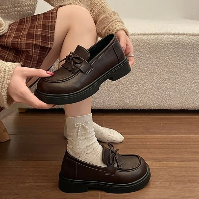 

Vintage Inspired Women's Platform Loafers with Bow Decoration 2026 Trendy Shoes for Student Casual Use in British Style