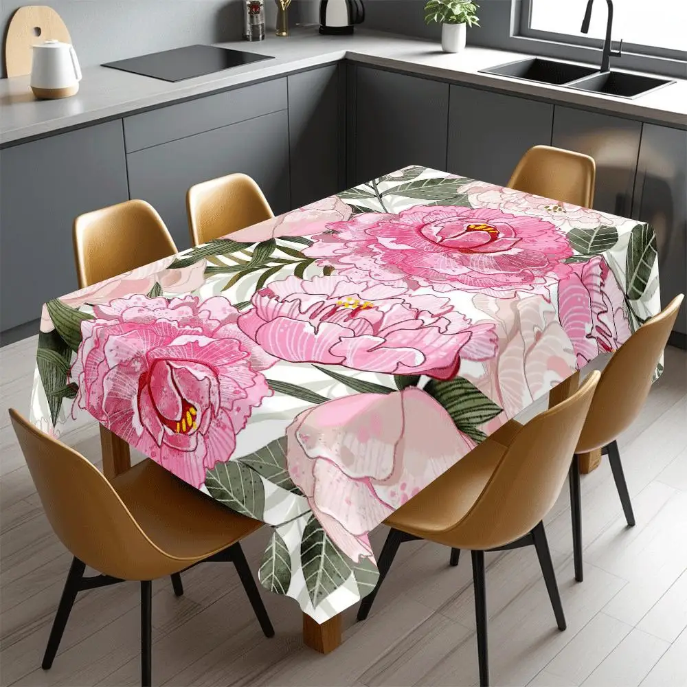 Peony Flower Tablecloth, White Background With Big Floral Leaf Pattern, Waterproof Table Cover for Daily Meals & Home Party Use