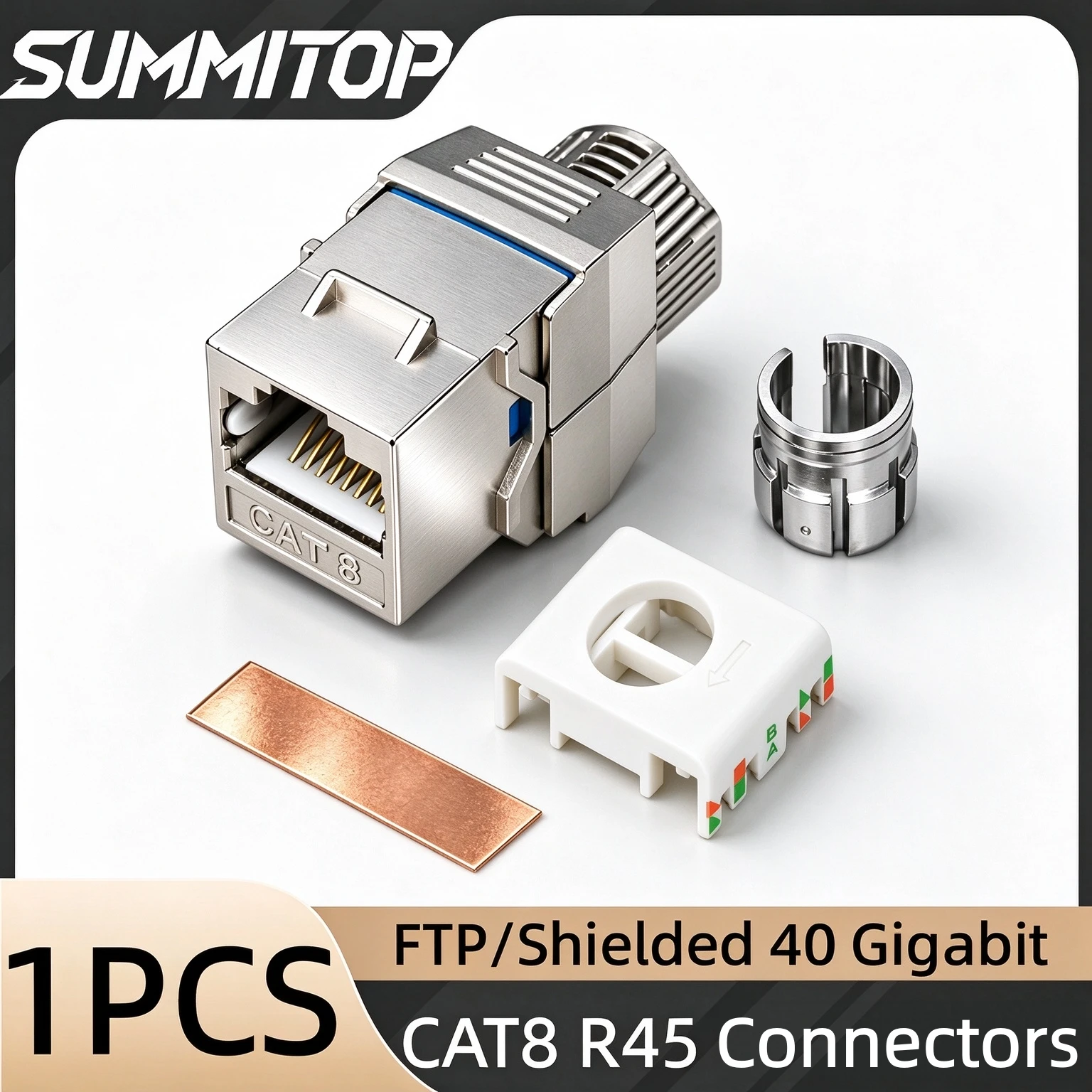 SUMMITOP CAT8 RJ45 Insert Keystone Jack Socket CAT7 CAT6A Zinc Alloy Connector For 40Gbps Super Speed Ethernet Network Cable