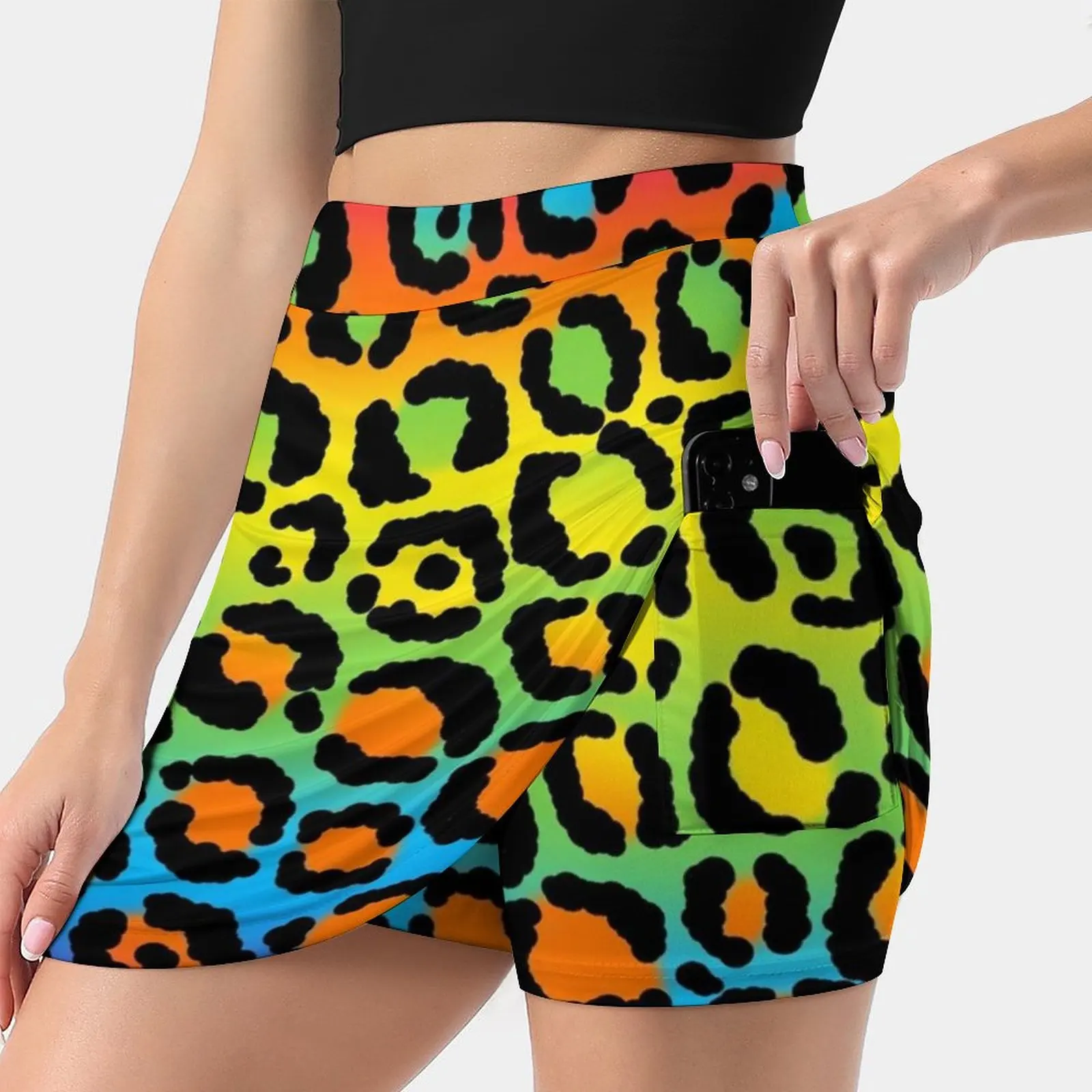 

1997 Neon Rainbow Leopard Print Women's skirt Mini Skirts A Line Skirt With Hide Pocket Leopard Animal 90S 1990S Rainbow