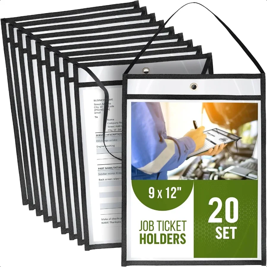 

20 Pack Job Ticket Holders 9x12 with Strap Hanging Shop Ticket Holders Work Order Plastic Sleeves for Documents Dry Erase Pocke