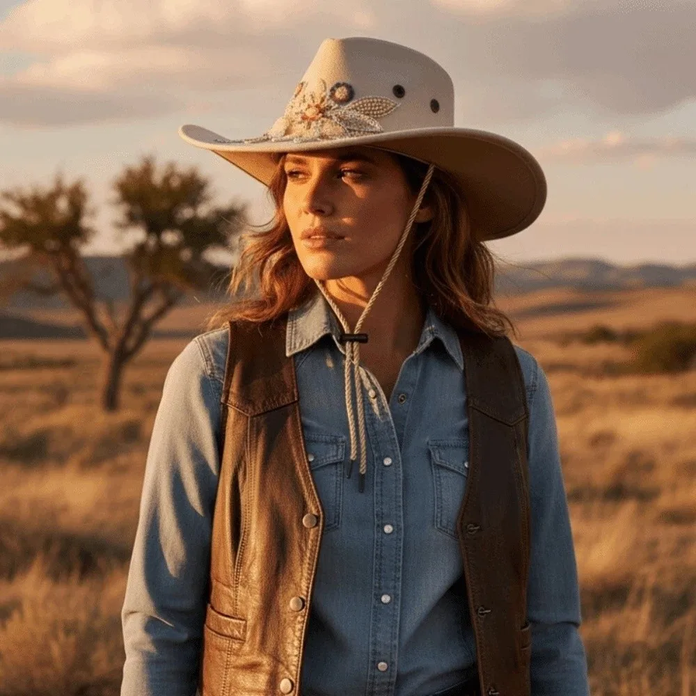 

Wide Brim Western Cowboy Cap Embroidered Sequins Cowgirls Visor Cap Lightweight Ethnic Style Sun Protection Knight Hat Women