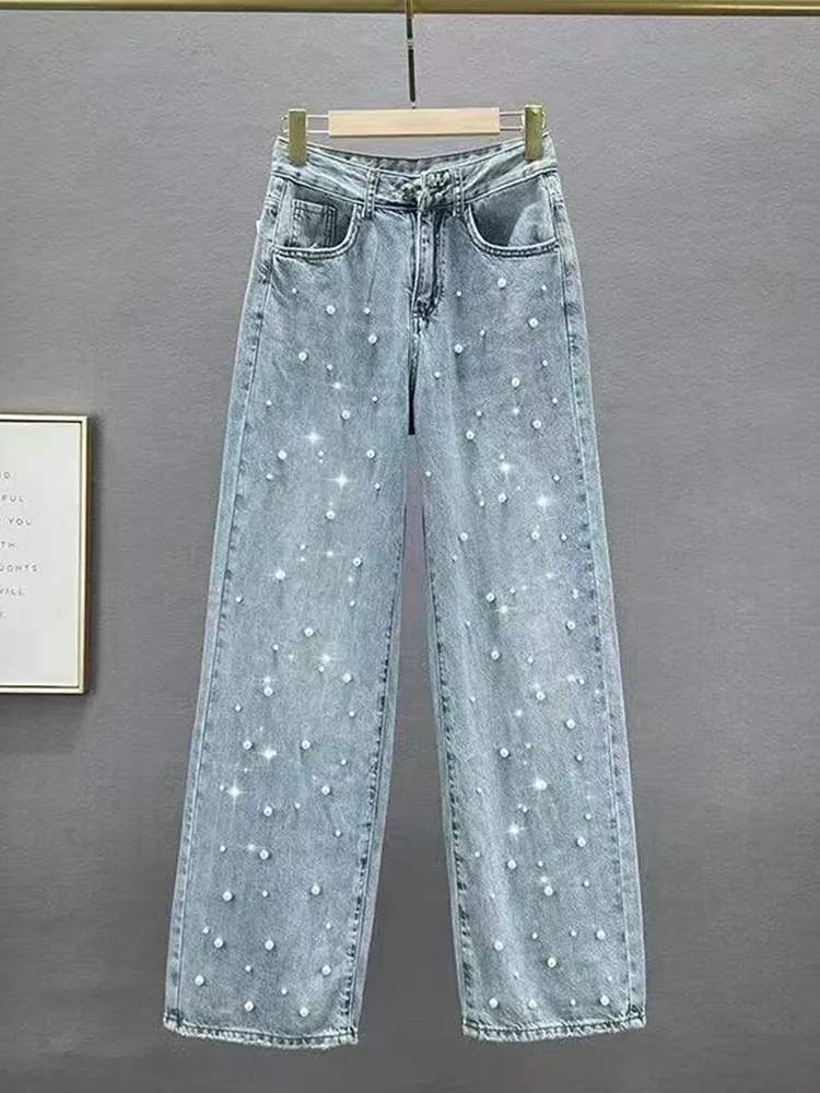 Chic Pearl DENIM กางเกงผู้หญิงสูงเอว Baggy ตรง Baggy กางเกงยีนส์ Lady Elegant แฟชั่น Streetwear Casual Office กางเกงทํางาน