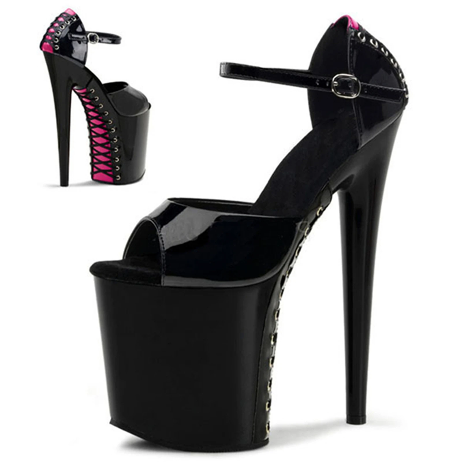 

​20CM Platform Peep Toe Sandals Black, Studded Heels with Red Cross Strap & Chunky Sole, Extreme Height Party Shoes​