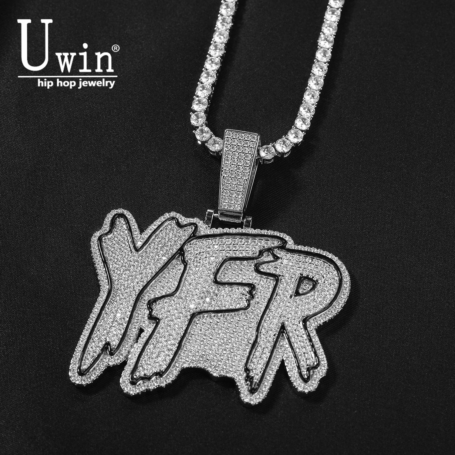 Uwin Iced Out Black Oil YFR Graffiti Letter Pendant Necklace Full Micro Paved CZ Bling Statement Hiphop Jewelry for Party Gift