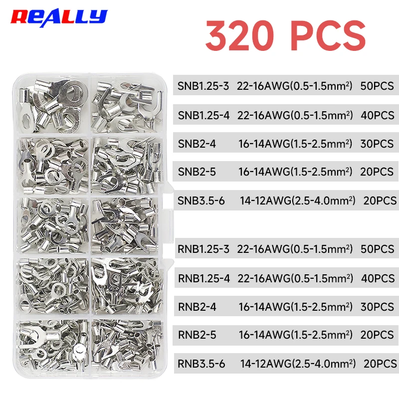 320Pcs 10 In 1 Terminals Non-Insulated Ring Fork U-Type Tinned Brass Terminals Assortment Kit Cable Wire Connector Crimp Spade