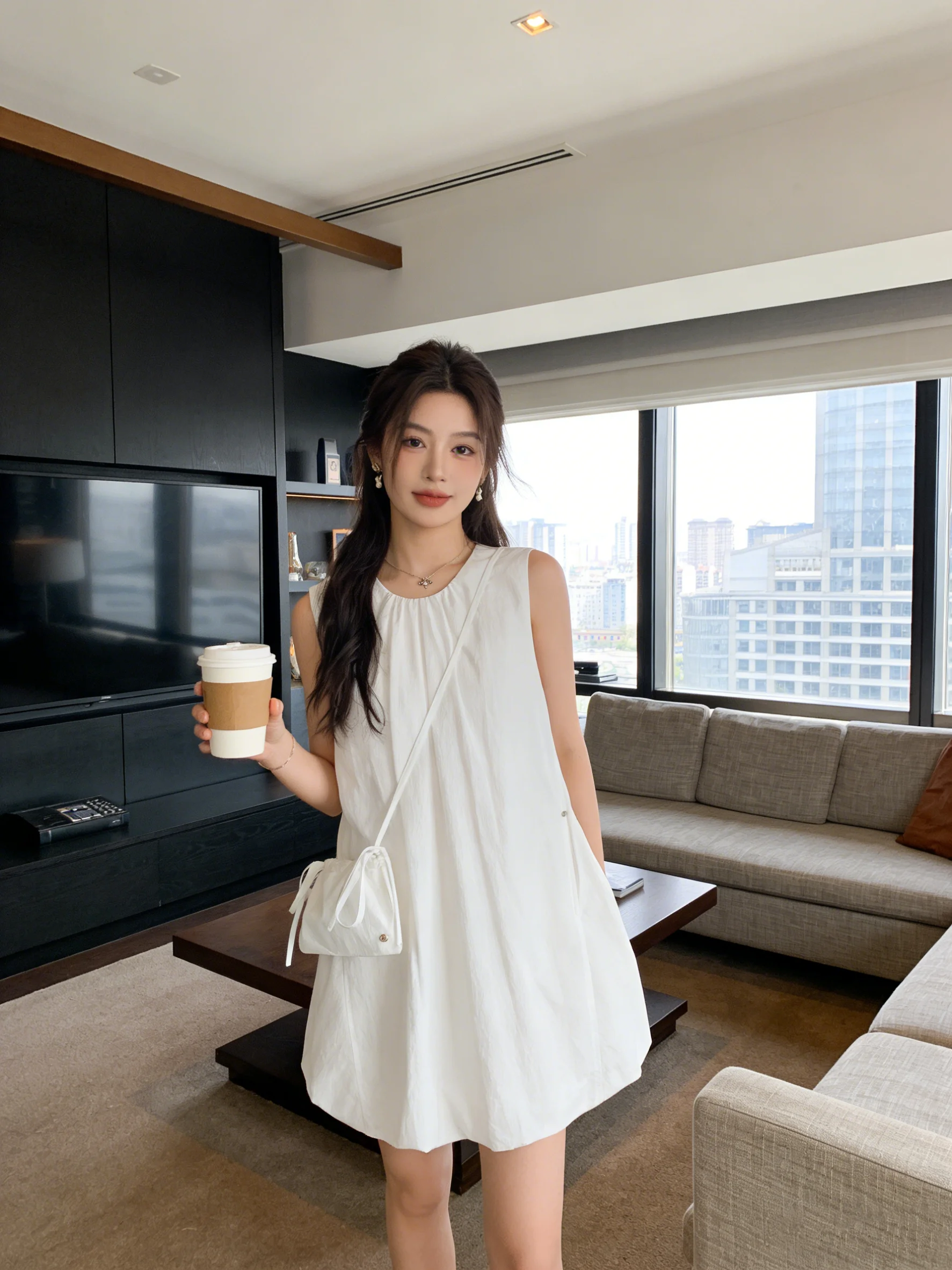 

Summer 2026 White Sleeveless Flower Bud Dress Women's Loose with Bag Small Size Short Skirt Super Beautiful Korean Style Dress