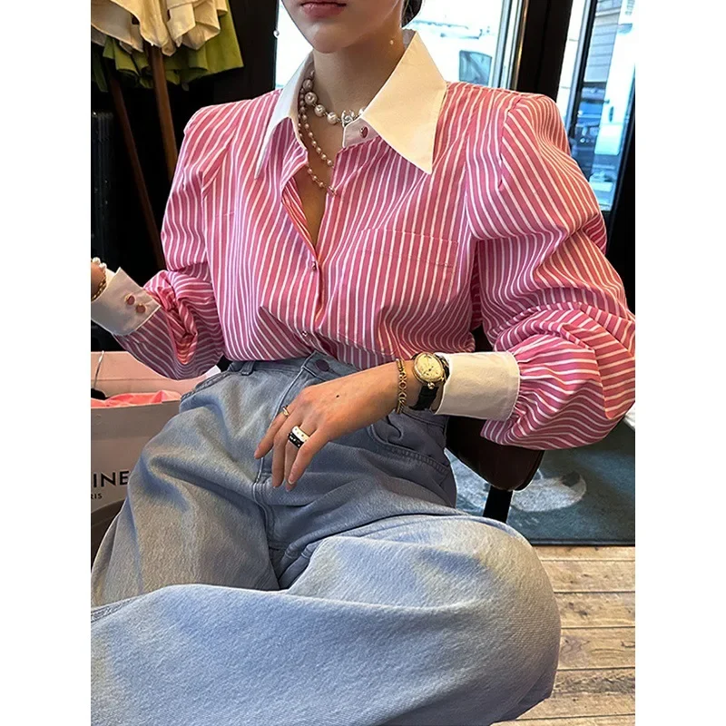 Elegant Women Shirts Korean Striped Red Fashion Turn Down Collar Office Ladies Tops Long Sleeve Causal Female Blouse