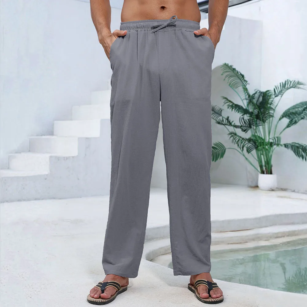 بنطال رجالي من القطن والكتان بأرجل مستقيمة وخفيف الوزن ومسامي، بنطال مريح على طراز الشاطئ بلون سادة، بنطال رياضي مريح غير رسمي