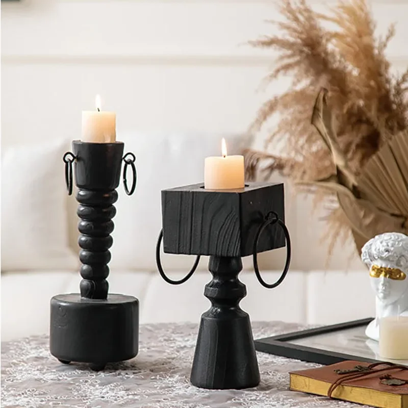 American retro black wooden candlestick Christmas dinner table decoration