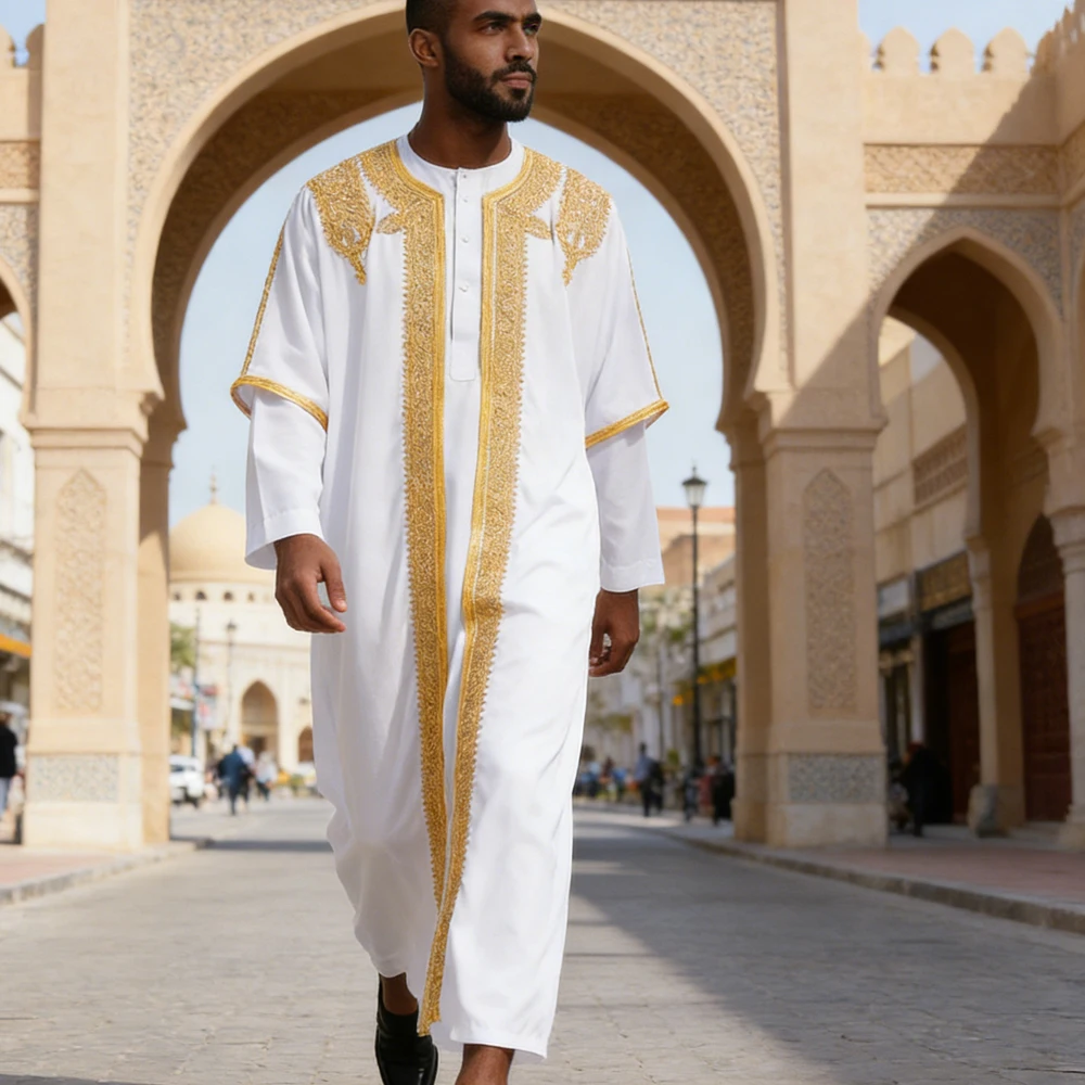 

Saudi Arab Men's Robe Traditional Thobe Embroidered Dress Middle Eastern Jubba Thobes Eid Djellaba Kimono Abaya Thoub Dishdasha