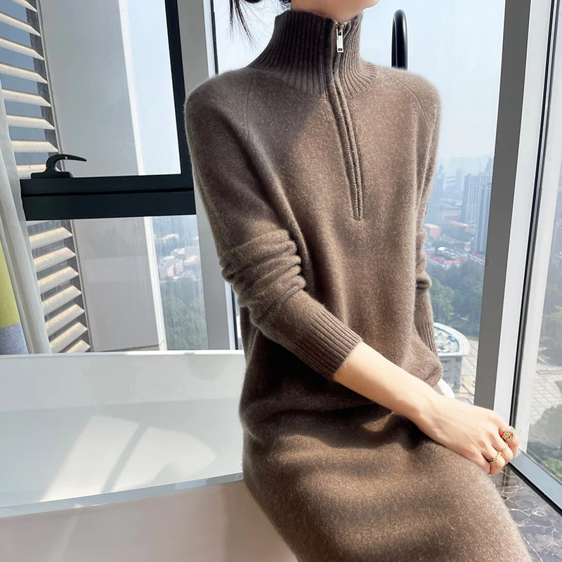 High-end zipper lapel pure cashmere sweater women\'s long over-the-knee sweater skirt loose lazy wind knit bottoming shirt