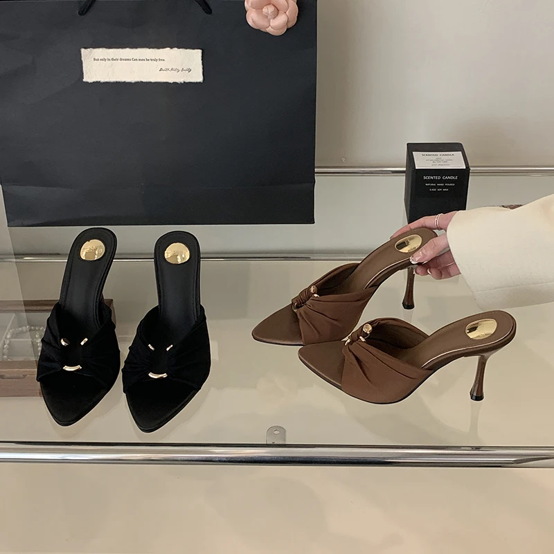8cm Brown Heels Woman Slippers Metals Buckle High Heels Sandals Leisure Ladies Summer Shoes Black Zapatos Stilettos Mujer