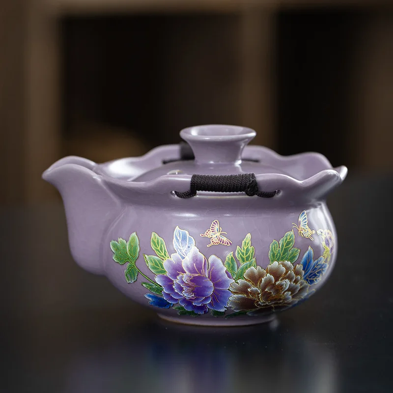 Portable Travel Tea Set Ziru Purple Clay Peony 1 Teapot 3 Cups with Carry Bag for Outdoor Camping Home Office Tea Ceremony