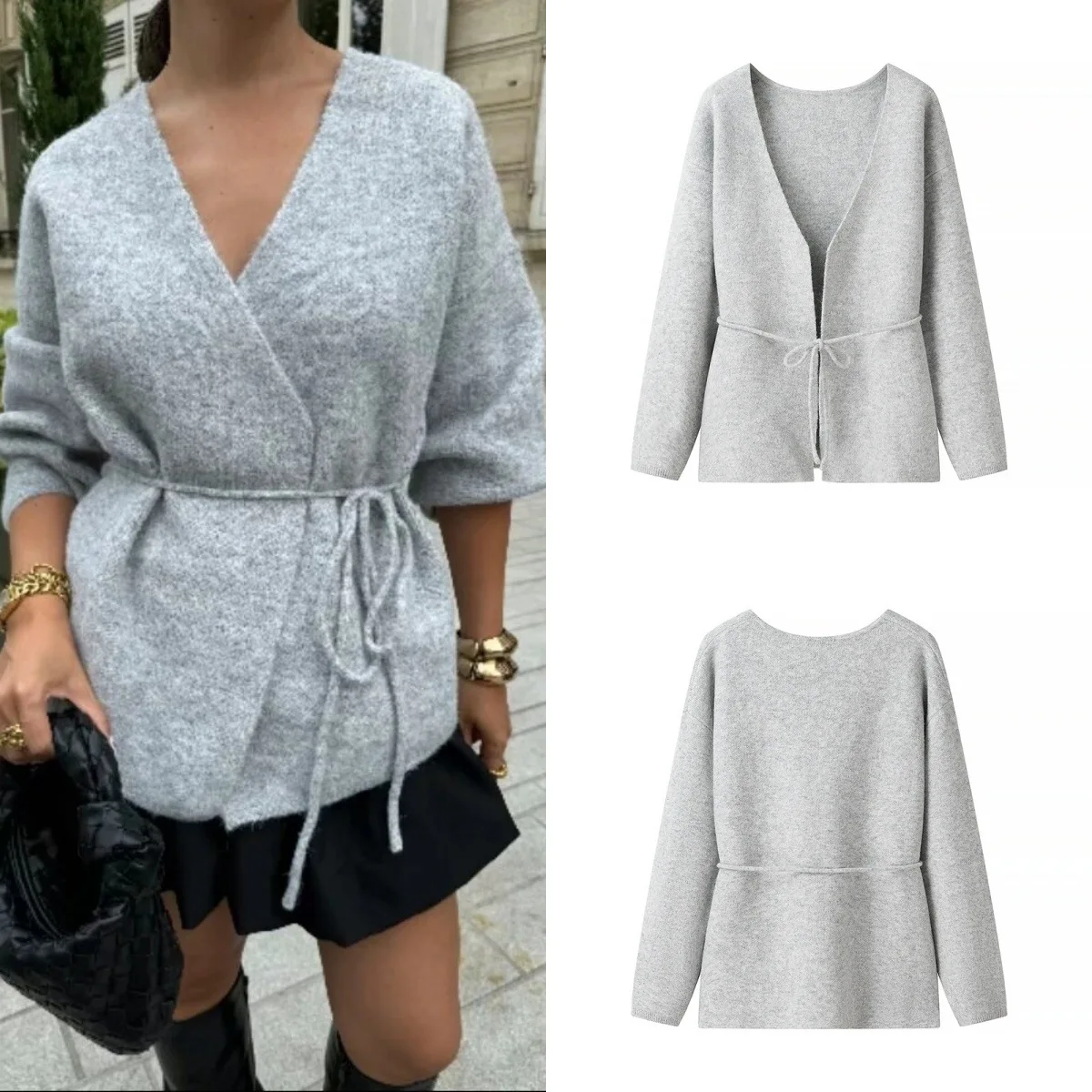 

Women Solid V Neck Long Sleeve Loose Sweater Jacket Casual Knit Belt Women Coat Autumn Casual Grey Lace Up Cardigan