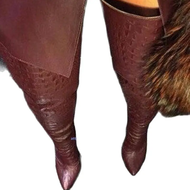 

Wine Red Black Leather Thin High Heeled Pointed Toe Boots Women Autumn Winter Slip On Over The Knee Thigh High Boots