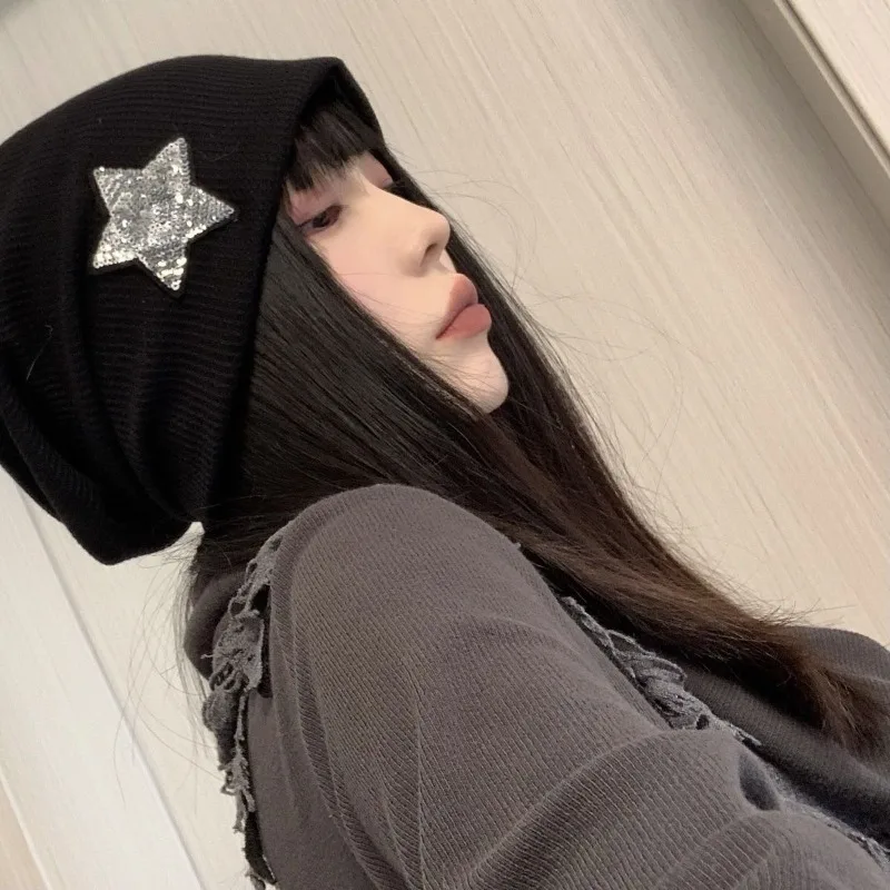 

American Punk Style Black Star Hat Vintage Harajuku Kawaii Trend Cops Y2k Women's Sweet Cool Hip Hop Knitting Skullies