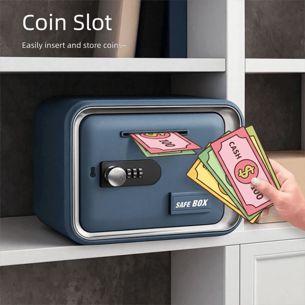 Secure Password Lock Piggy Bank Coin Bill Slot Money Security Mini Safe Box Large Capacity Educational Cash Can Home Use