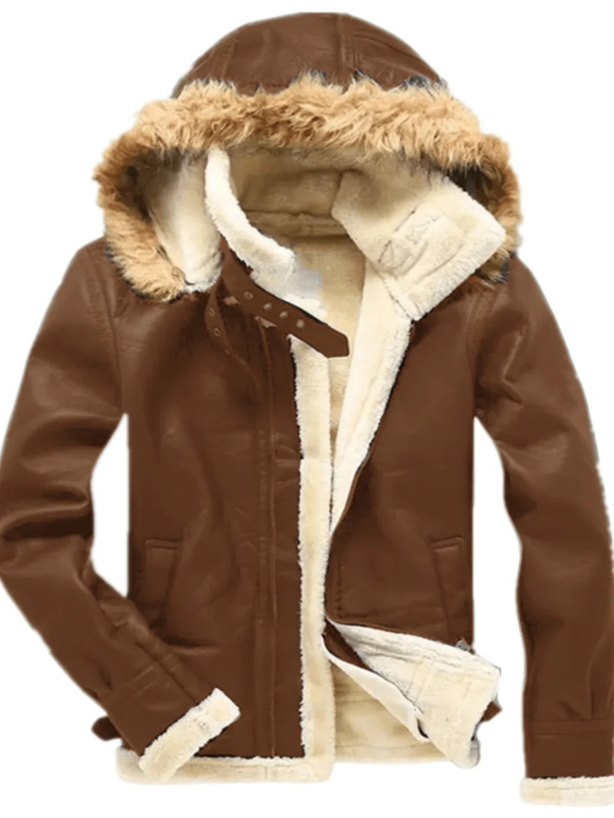 

Men's Winter Coat Hooded Jaet Fake Fur Leather Belt Bule Long Sve Thiened Spring Youth Casual Outerwear
