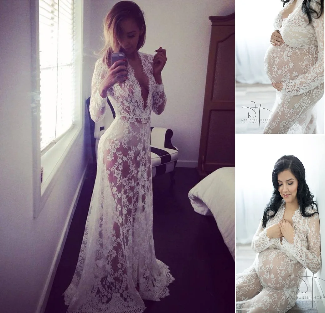 Sexy Deep V-Neck Maternity Dress for Photoshoot Photography Baby Shower Long Gown Lingerie Floral Lace Nightgown