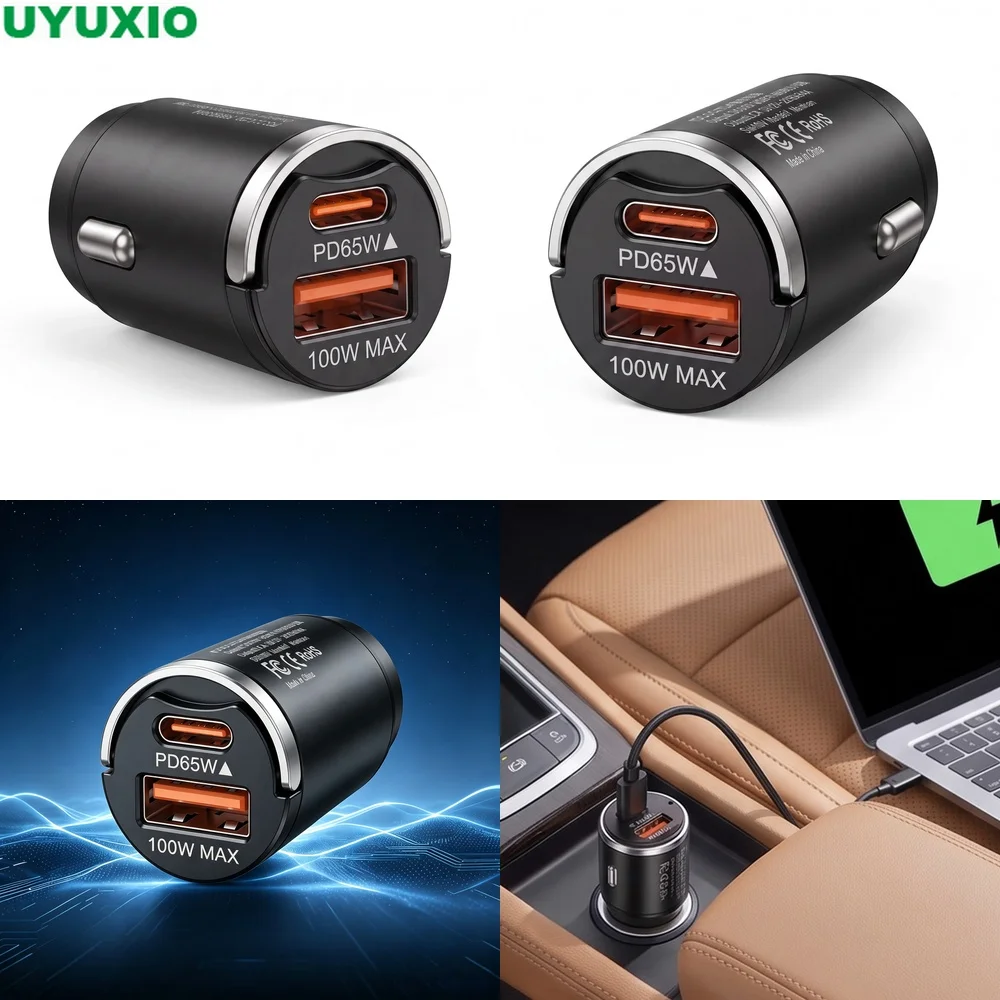 165W Travel Car Charger Dual Output 65W USB C 100W USB A Charging for Phones Tablets and Laptops Compact Metal Flush Fit Design