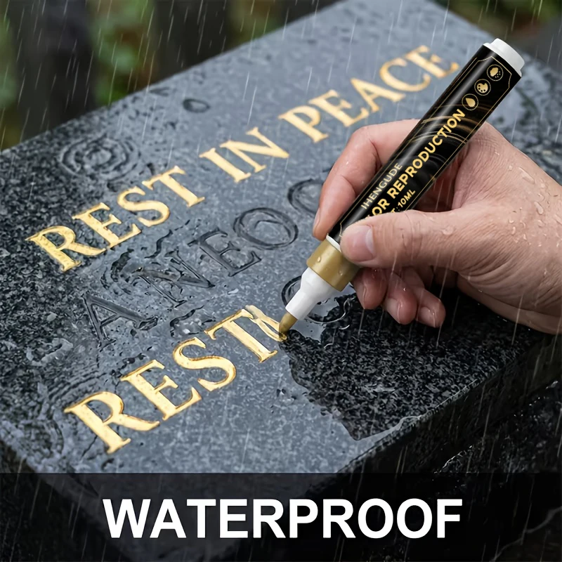 Golden Tombstone Marker Pen |   Restores Faded Text on Tombstones and Granite Surfaces, Weather-Resistant, Quick-Drying Oil-Based Fine Tip Pen for Cemetery Maintenance and Marble Tile Color Restoration.
