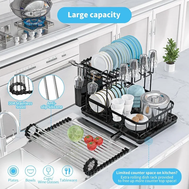 Dish Drying Rack, Roll-up Over Sink Dish Rack, Large Dish Strainer for 2 Level Kitchen Counter, Black Drainer Drain Board