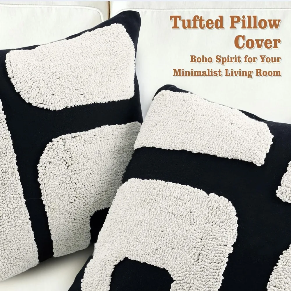 Schwarz-weiße Kissenbezüge im böhmischen Stil, 4er-Set, 45,7 x 45,7 cm, abstraktes geometrisches quadratisches Design, klobige getuftete Pille