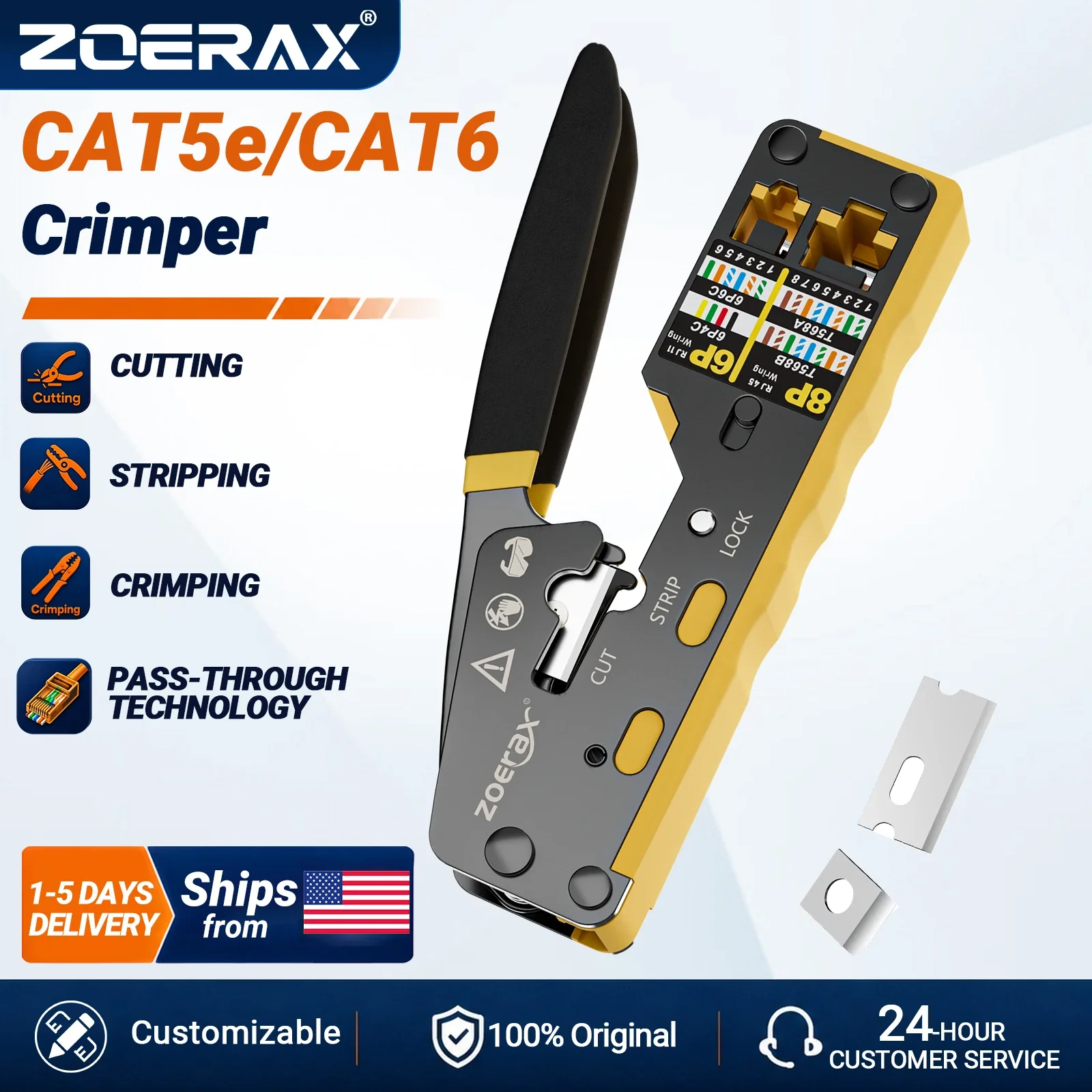 ZoeRax RJ45 Crimping Tool Pass Through Crimper for Cat6/5e/5 Ethernet Connector All-in-one Wire Tool With Replacement Blade