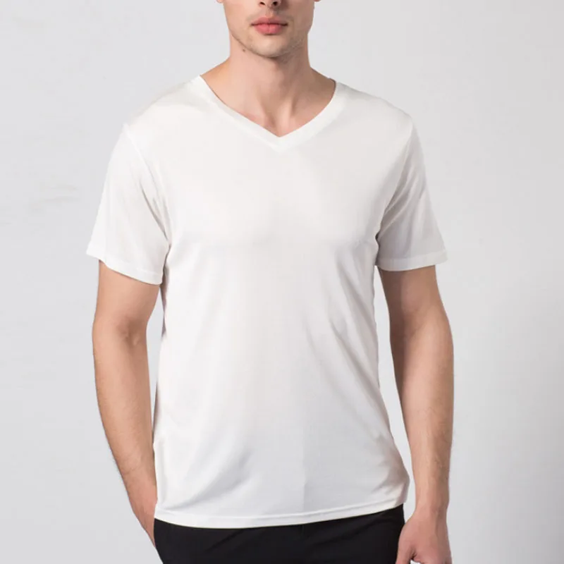 

100% silk short sleeve men t shirts,double-faced knitted natural silk V-neck t shirt for men,thicken t-shirts,can be customized