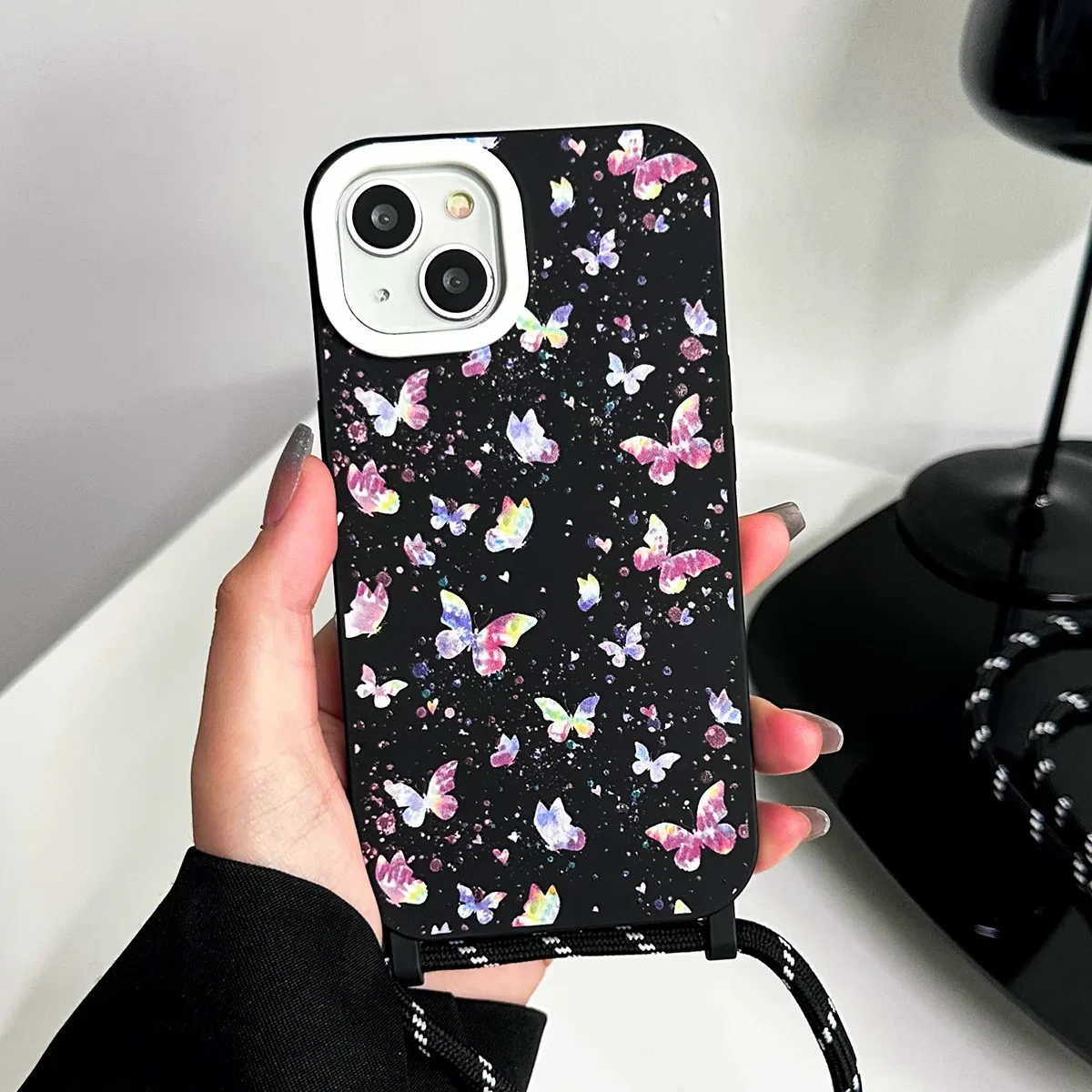 

New Suitable for iPhone 14 Butterfly Black Matte Case Apple 13ProMax 12pro 11 Crossbody Strap Xs Xsmax Xr 8plus Protection Cover