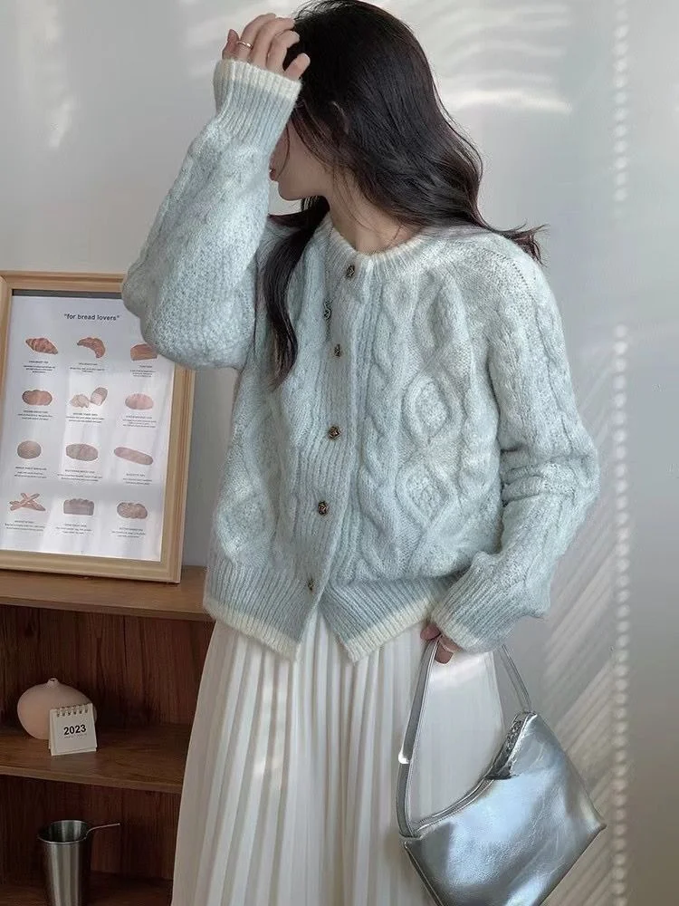 

Korean Sle ort Knitted Twist Cardigan Women's Autumn Winter Soft Mouton Lazy Sle Sweater Coat Warmth Heating Long Sve