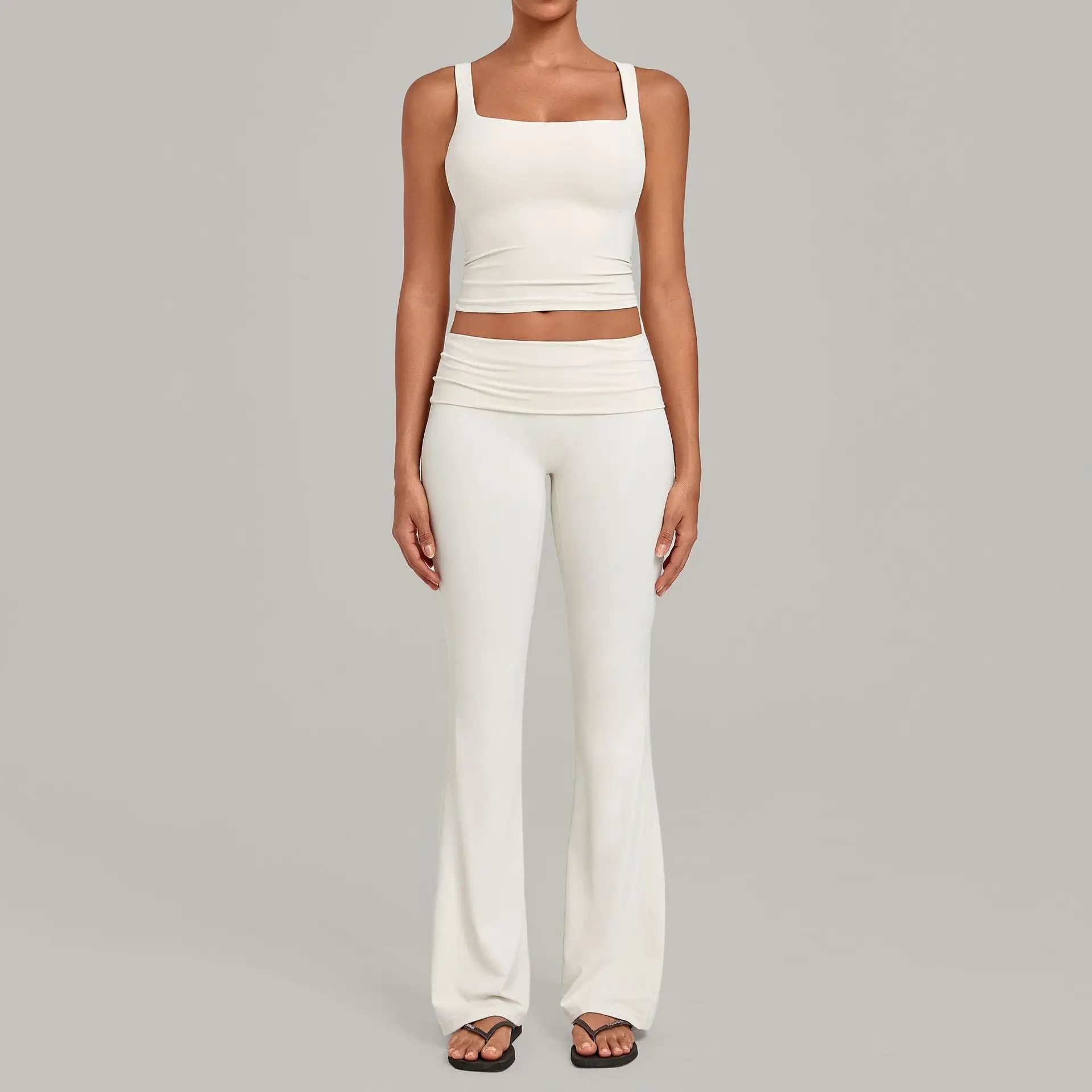 2Pcs Women Yoga Outfit Square Neck Tank Top Fold Over Waist Flare Yoga Pants Stretchy Soft Gym Fitness Casual Activewear Suit
