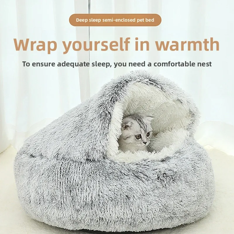 

Plush Semi-Enclosed Warm Windproof Cat Bed for Winter Small Dog Pet House