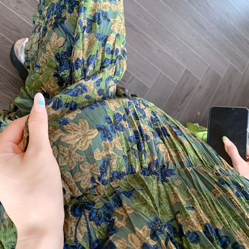

Retro High Waist Maxi Skirt een Floral Print Pleated A-Line Summer Faionable Women's Midi Skirts Polyester Fiber