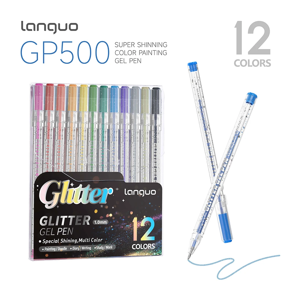 Languo 12/48/96 Kleuren Glitter Gel Pen 1.0mm Metalen Glitter Kleur Balpen Karton Dagboek Tekenen Markeren Kleuren DIY Kunst