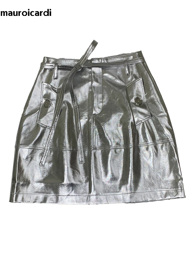 

Mauroicar лето осень роскошный блестящий серебристый пух кожа мини юбка-кокон женщины с поясами с высокой талией короткая роскошная дизайнерская одежда кожаная юбка для женщин 2025
