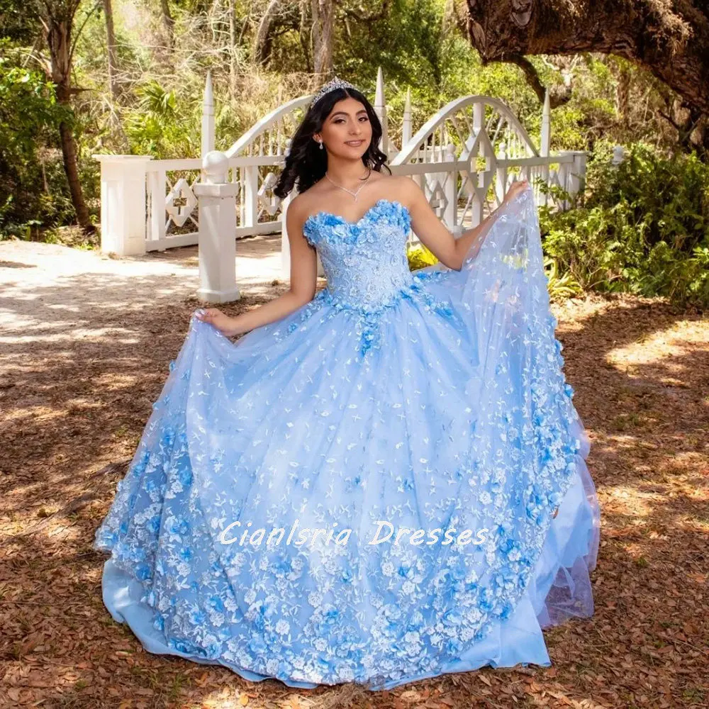 أزرق فاتح بلا أكمام مشد فساتين Quinceanera الكرة ثوب ثلاثية الأبعاد الزهور يزين الدانتيل الحلو 16 Vestidos De 15 Años