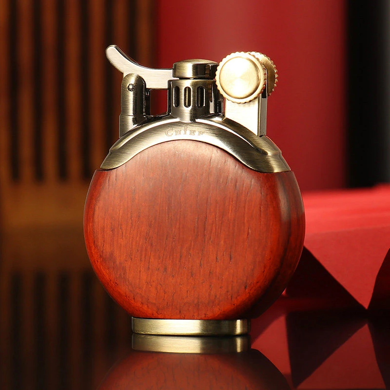 Chief Retro Wood & Metal Kerosenes Trench Lighter Windproof Wicks Cigarette Isqueiro Vintage Grinding Wheel Gift for Husband