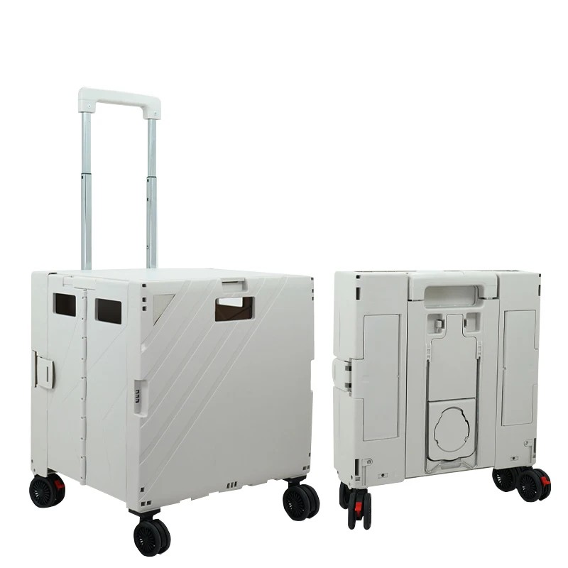 

Multi Functional Shopping Cart Foldable Utility Cart Rolling Wheels Table Plate Telescopic Portable Plastic Cart with Wooden Lid