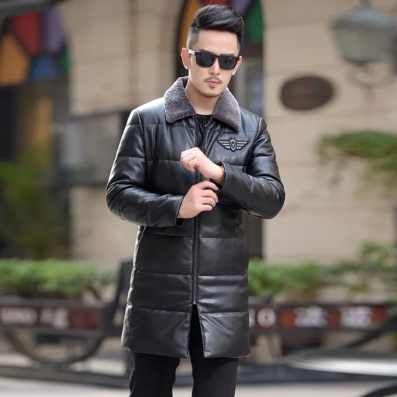 

Winter New Fashion Mens Lamb Fur Collar Lapel Coat Down Leather Jacket Korean Men Long Clothes Slim Male Plus Size Windbreake