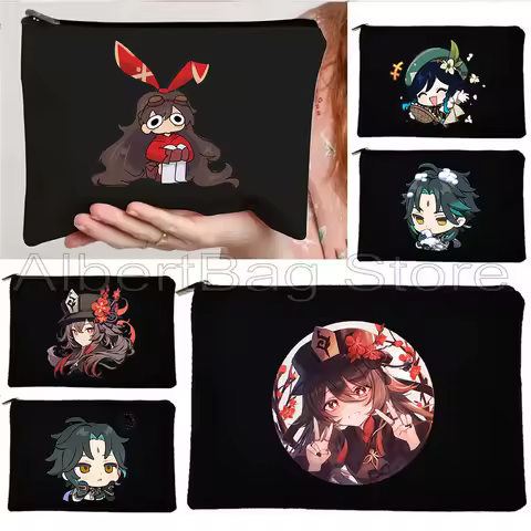 Kawaii Anime Genshin Impact Cosmetic Makeup Bag zhongli Hu Tao Chibi Xiao Venti Neuvillette Thomato Amber Diluc Gift Pencil Case