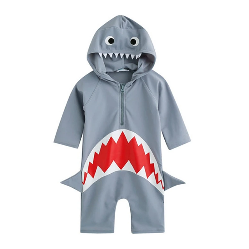 Boys Girls One-piece Swimsuit Cute Cartoon Shark Long Sleeve Hooded Sun-protective Quick-dry Surfing Bathing Suit Baby Swimwear