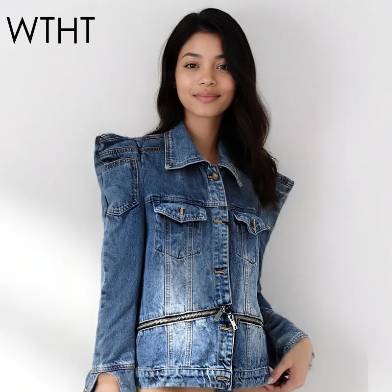 

WTHT New Trendy Women's Wash Design Zipper Denim Jacket 2025 Winter Fashion Straight Shoulder Long Sleeves Coat Female 1LS2750